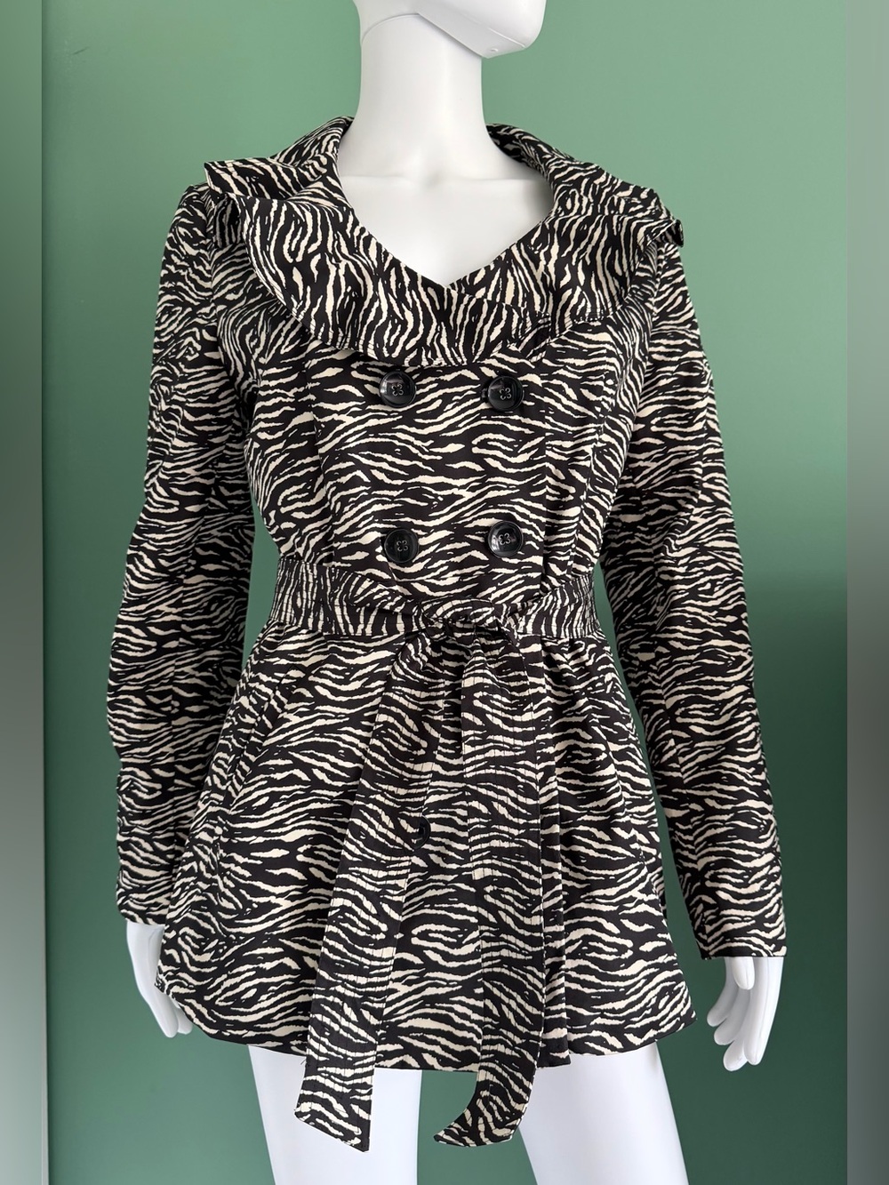 Sandro Studio Black and White Zebra-Print Ruffle Trench Coat Jacket